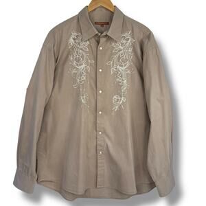 ACORN Bob Goldfeder Mens Pearl Snap Long Sleeve Shirt Embroidered Tan Beige XXL